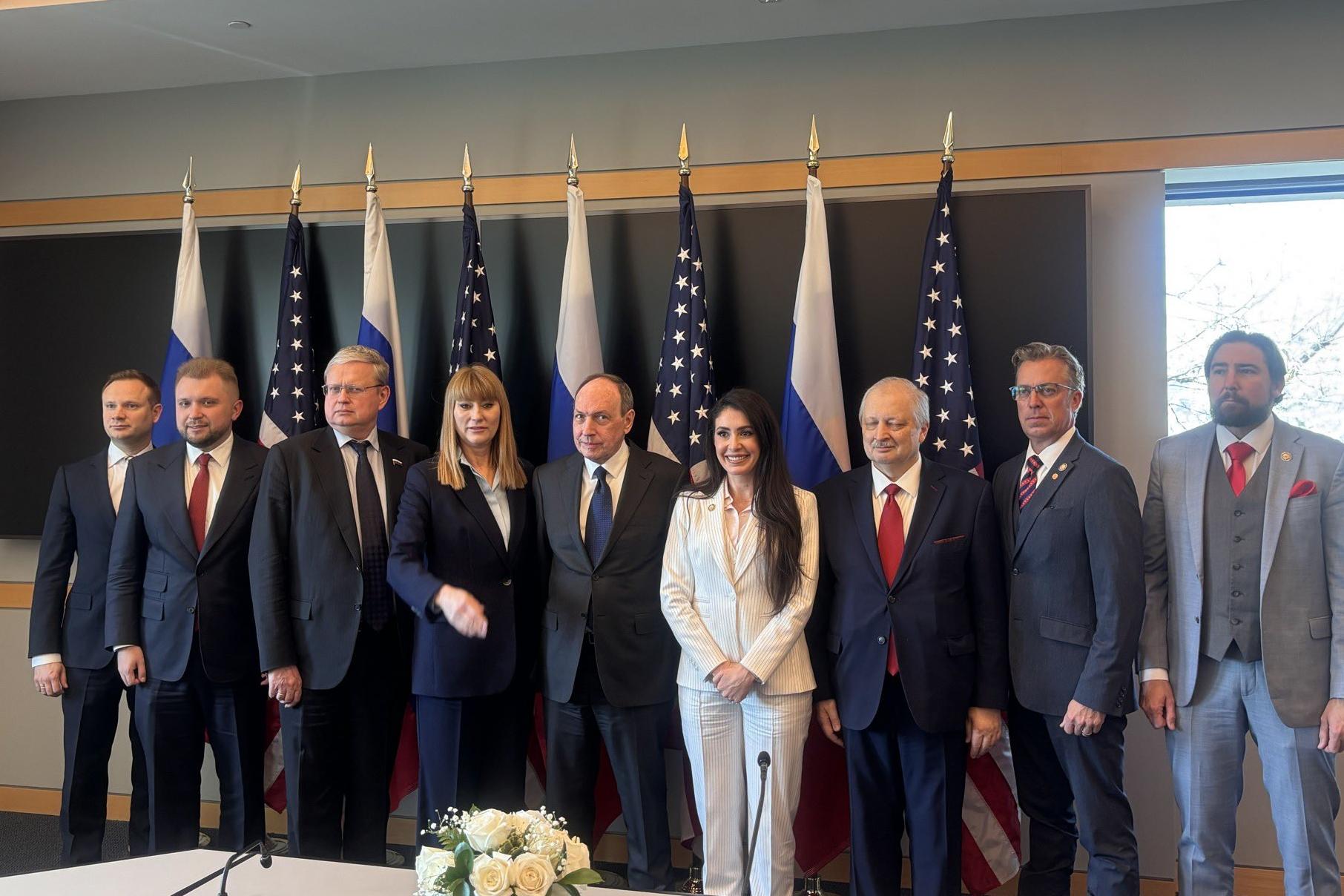 The Russian parliamentary delegation poses with their U.S. counterparts on March 26, 2026. Photo: Rep. Anna Paulina Luna (@RepLuna / X)